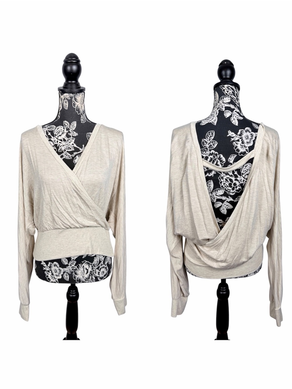 Express cream open back long sleeve faux wrap long sleeve top size large